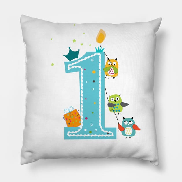 Happy first birthday with owls baby boy Pillow by GULSENGUNEL