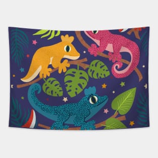 Colourful Crested Geckos with Jungle Leaves and Stars on purple Tapestry