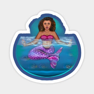 Mermaid pose underwater Cute  mermaid siting cross legged, brown eyes, Curly hair  and caramel brown skin - light background Magnet