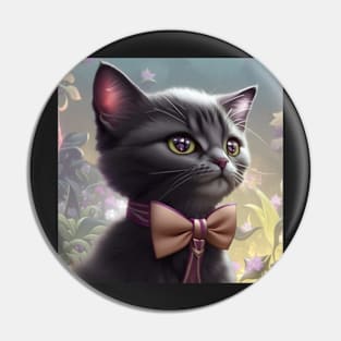 Elegant Grey and White Cat With a Golden Bow Tie | Grey and white cat with green eyes | Digital art Sticker Pin