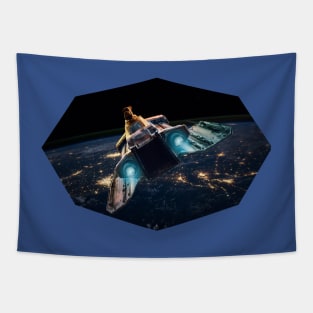 Space Fighter Flying Over Planet Earth Tapestry