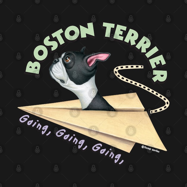 funny cute dog Boston Terrier Going Places in classic plane for mom and dad gift by Danny Gordon Art