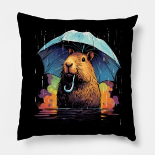 Capybara Rainy Day With Umbrella Pillow