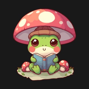 Cute  Frog Mushroom Hat Reading Book Cottagecore Aesthetic T-Shirt