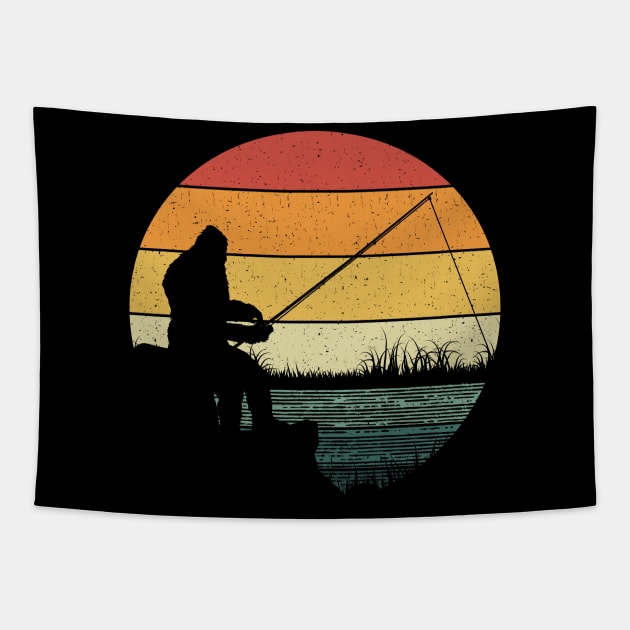 Bigfoot Fishing Retro Sasquatch Tapestry by Tesszero