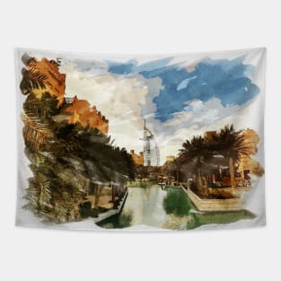 Dubai Emirates Awesome Watercolor Traveling Fine Art Painting Tapestry