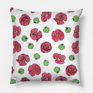 Poppies flowers and seeds pattern - White Pillow