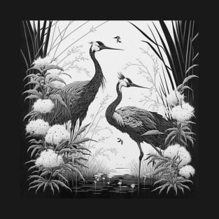 Japanese crane bird ink drawing black and white T-Shirt