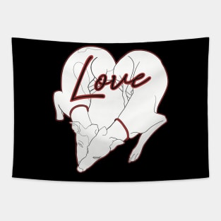 Adorable Greyhound dog design shaped in a heart with the word love inside, with red details Tapestry