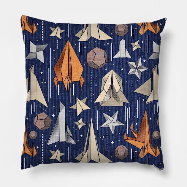 Reaching for the stars // pattern // navy blue background ivory grey brown and orange origami paper asteroids stars and space ships traveling light speed Pillow by SelmaCardoso