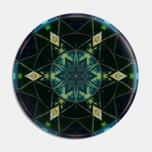 Mosaic Kaleidoscope Flower Green Black and Blue Pin