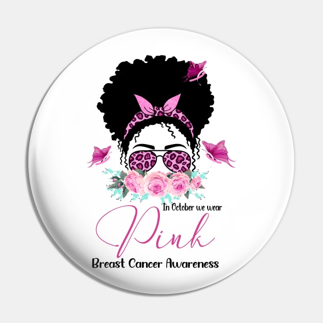 Pink Ribbon Breast Cancer Awareness Messy Bun Black Women Pin by Gendon Design