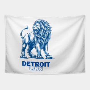 A blue lion stands majestically and is marked with the letters Detroit lion. Tapestry