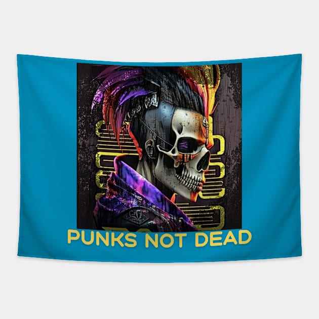 Punks Not Dead (skull wearing punk hair) Tapestry by PersianFMts