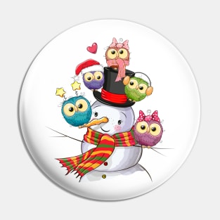 Cute snowman with little colorful owls sitting on it Pin