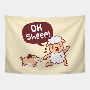 Oh Sheep, Dog Chasing Sheep Funny Tapestry