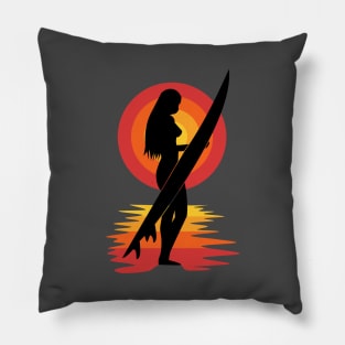 Surfer girl silhouette sunset Pillow