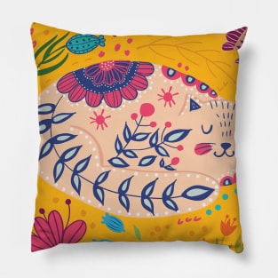 colorful illustration with beautiful cat and flowers #1 Pillow