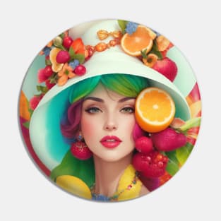 А woman with a white hat and some colorful fruity Pin