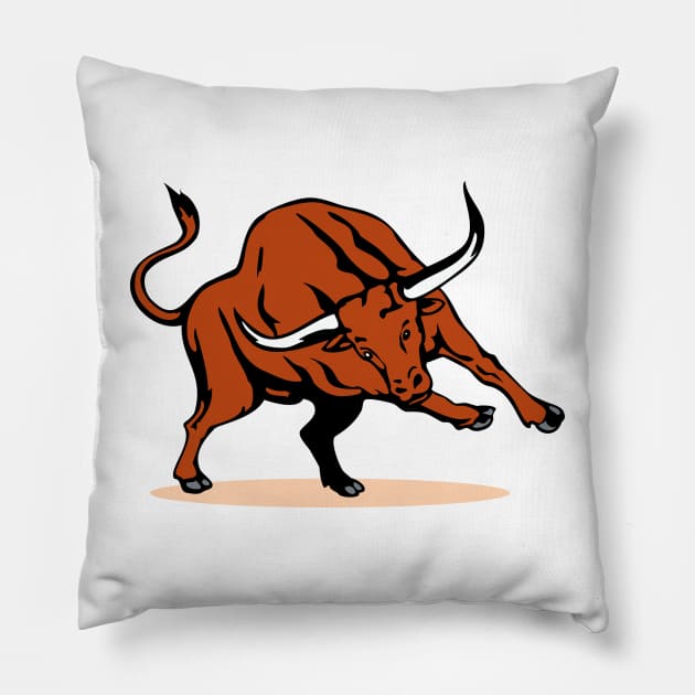 Raging Texas Longhorn Bull Retro Pillow by retrovectors