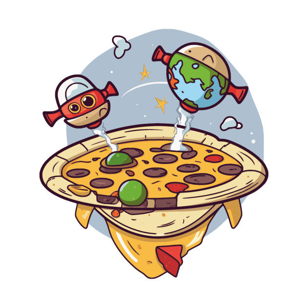 Spacecraft pizza with salami and spaceships earth and robot by maasPat