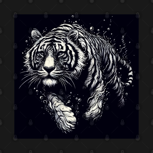 Monochromatic Outline Tiger Swimming in Water by TomFrontierArt