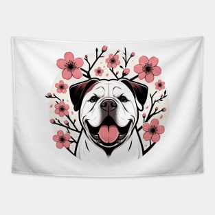 American Bulldog Welcomes Spring with Cherry Blossoms Tapestry