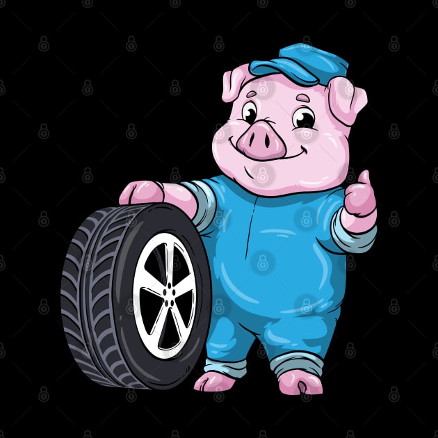 Pig as Car mechanic with Tires by Markus Schnabel