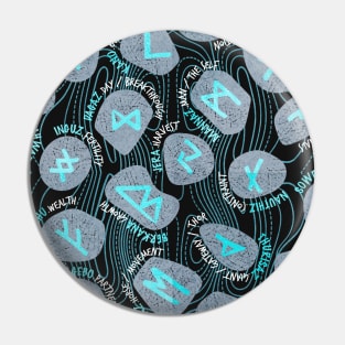 Mystical Viking Runes // pattern // black background grey stones neon mint letters of the runic alphabet Pin