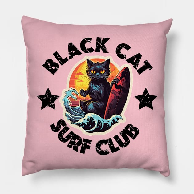 Black Cat Surf Club (Black Lettering) Pillow by VelvetRoom