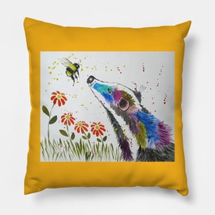 Colourful Badger and a Bee among Flowers Pillow