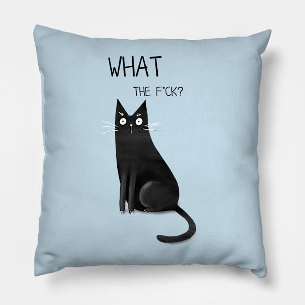 Cartoon funny black cat and the inscription "What the f*ck". Pillow by Olena Tyshchenko