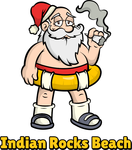 Indian Rocks Beach Funny Lazy and Naked Santa Clause Smoking a Joint with a Swim Tube Around Him, Funny Christmas Gift Kids T-Shirt by AbsurdStore