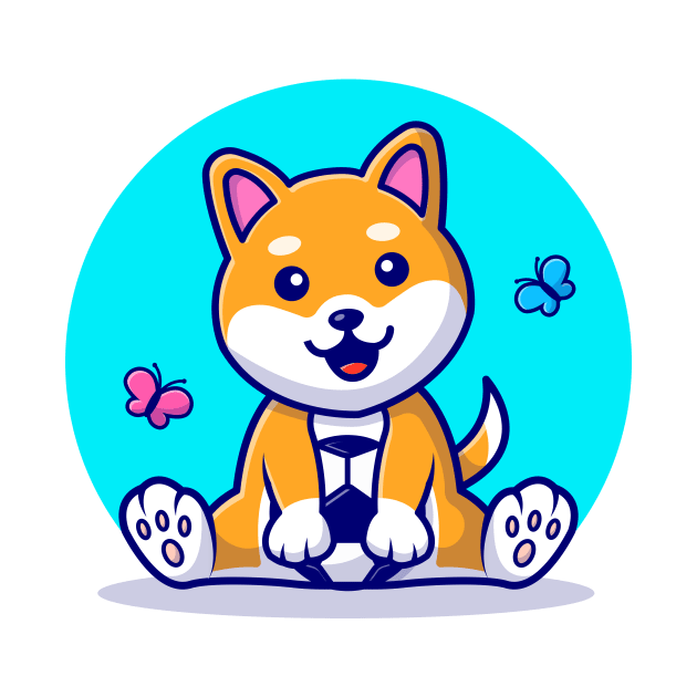 Cute Dog Shiba Inu With Soccer Ball And Butterfly Cartoon Vector Icon Illustration by Catalyst Labs