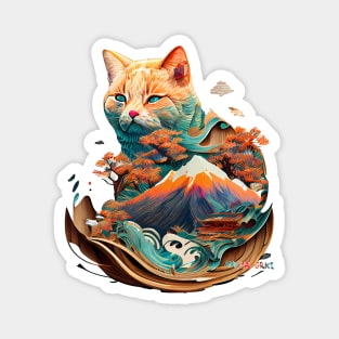 Mt Fuji Wise Yokai Cat Watercolors Magnet