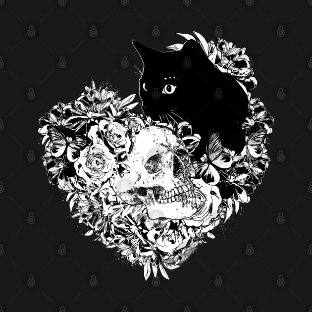 Skull and Black cat with flowers, skeleton with flowers, black and white drawing by Collagedream