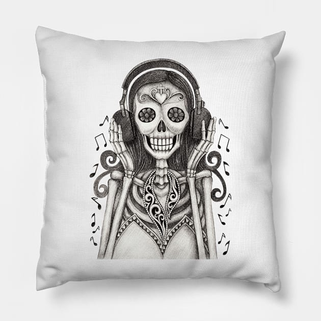 Sugar skull woman happy with headphones listen music day of the dead. Pillow by Jiewsurreal