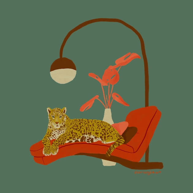 Retro Mid Century Modern Jaguar on an Office Couch Gouache by venglehart