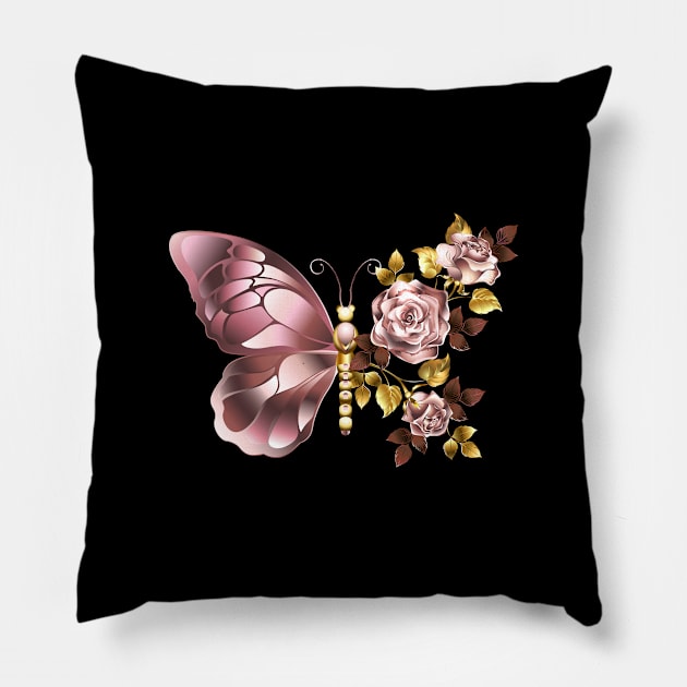 Flower Butterfly with Pink Gold Roses without blue leaves Pillow by Blackmoon9