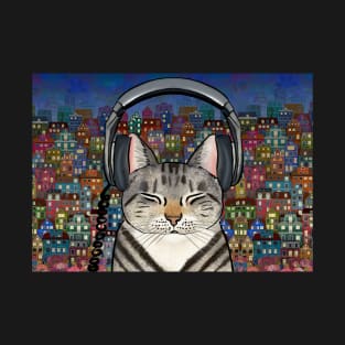 City Cat Listening to Music T-Shirt