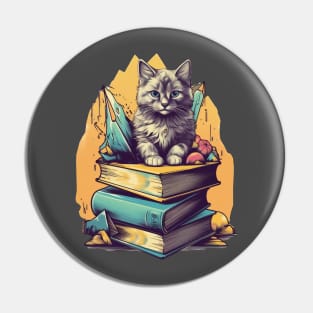 Bookish cat sleeping on books - Kitten lady & librarian gift Pin