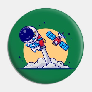 Cute Astronaut Flying with Rocket and Satellite Cartoon Vector Icon Illustration Pin