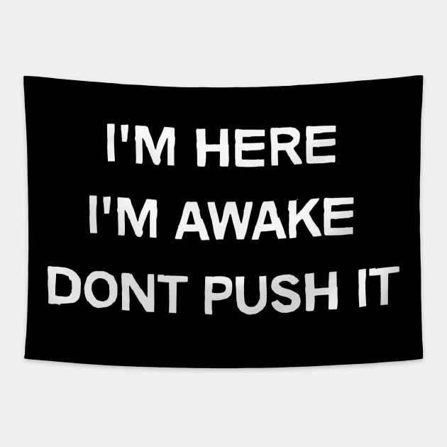 Im here, Im awake, Don't Push It funny Tapestry by NineBlack