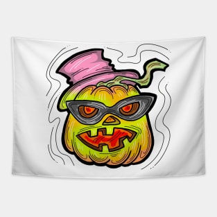 Scary Halloween pumpkin monster face head. Tapestry