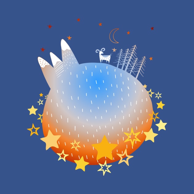 "Home Planet" in orange, blue, and white with a ring of yellow stars - a whimsical world by AtlasMirabilis