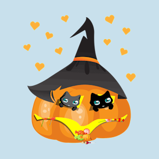 Black and Gray Cat in a Pumpkin House with Sweets T-Shirt