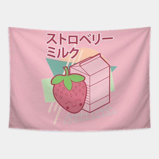 Kawaii Strawberry Milk Japanese 90s Retro Style Tapestry by Jay Diloy