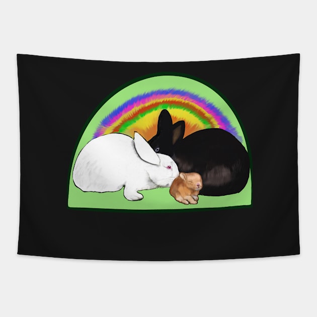 Cute bunny rabbit family, mama, papa and baby, albino, black and ginger bunnies with a rainbow tie die background Tapestry by Artonmytee