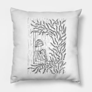 GIRL NEAR WINDOW TREE WITH A BOOK AND COFFEE ENJOYING RAIN Pillow