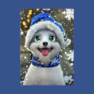 Cute blue eyed anime Christmas dog T-Shirt